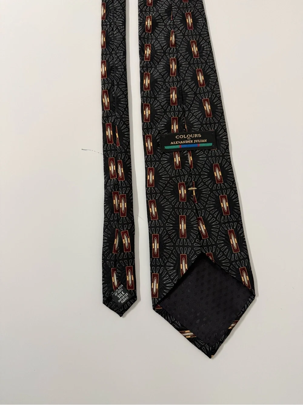 Vintage Colours‎ Alexander Julian Silk Tie Mens Black Geometric Medallion Retro